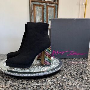 Betsey Johnson Black Suede Ankle Boots with Multicolored Crystal Block Heel